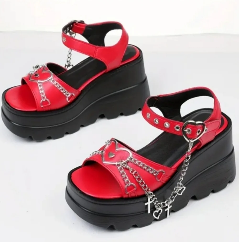 Red Platform Sandals with Chain Detail Sz 9